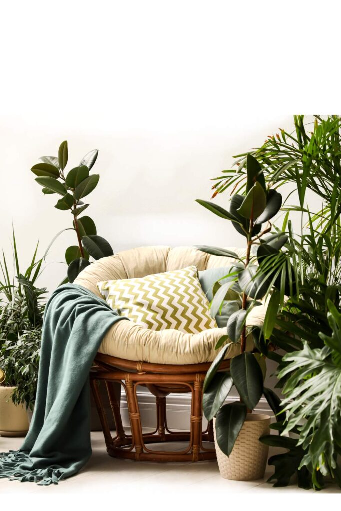 Round vintage wicker chair in the middle of many large houseplants.